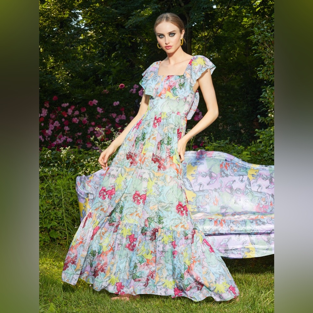 NWT Alice + Olivia Ruffled Off Shoulder Maxi Dress - Multi Print Boho Maxi Dress - Picture 6 of 15